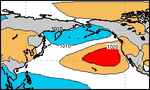 Гавайский антициклон (красный цвет)