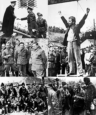 Сверху по часовой стрелке: встреча Адольфа Гитлера и Анте Павелича в Бергхофе; Степан Филипович выкрикивает перед своей казнью «Смерть фашизму, свобода народу!»; генерал Дража Михайлович и его четники; усташи; Иосип Броз Тито (первый справа) и его соратники в Дрваре, 14 мая 1944 года.