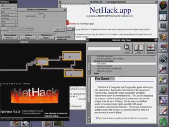 Рабочий стол NeXTSTEP с запущенной игрой Nethack