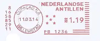 2014: в статусе автономии, объединявшей после выхода Арубы пять островов (обозначены пятью звёздочками)[^]. Франкотип имеет надпись «Nederlandse Antillen», то есть применялся в таком виде после роспуска Нидерландских Антил[англ.] в 2010 году[^]
