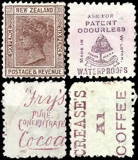 1882: марка в 6 пенсов&nbsp;(Sc #65) и рекламные надпечатки 1893 года на обороте марок[^]