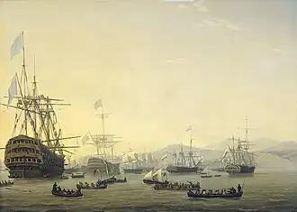 Военный совет на борту HMS Queen Charlotte (на первом плане слева), 26 августа 1816