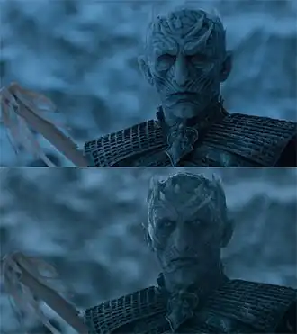 Вверху: Король Ночи с практическими эффектами и протезированием.Внизу: добавлен VFX в постпродакшн с измененными глазами и ледяным слоем.
