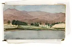 «Река Или в районе Кайнака», 1880 г., из путевого альбома Н. Г. Хлудова. Государственный музей искусств Республики Казахстан имени Абылхана Кастеева.