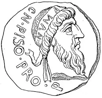 Портрет Нумы Помпилия на аверсе монеты Кальпурния Пизона