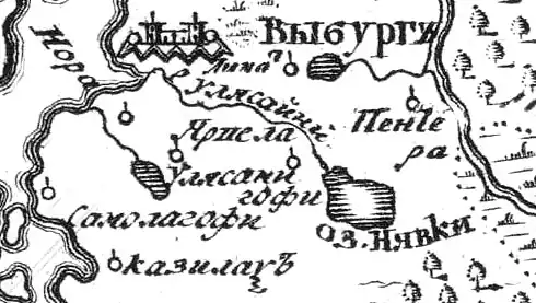 Деревня Нуораа (Нора) на русской карте 1745 года