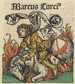 М. Вольгемут. Марк Курций. 1493. Раскрашенная гравюра на дереве из «Всемирной хроники» Г. Шеделя