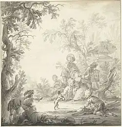 Дети, играющие с собакой. Рисунок обоев. Бумага, тушь, перо, кисть. Рейксмюсеум, Амстердам