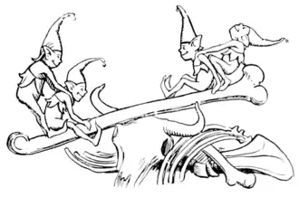 Пикси качаются на коровьей кости. Рисунок Джона Баттена, 1894 год