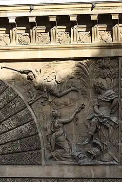 М. Дежарден. Взятие Безансона — король Людовик в образе Славы перед пальмой и оливковым деревом, коленопреклонённая женская фигура передаёт ему ключи от города