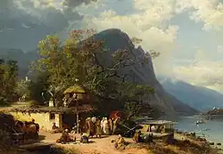 Кавказский духан на берегу реки.