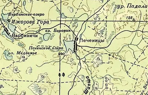 Деревня Печеницы на карте РККА 1940 года