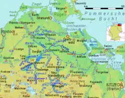 Река и ее притоки в разрезе рельефной карты Мекленбург-Передняя Померания