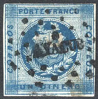 Гашение точечным (буквенным) штемпелем «AYACUC» («Аякучо»)&nbsp;(Sc #9c)