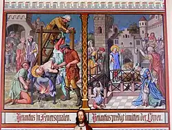 Св.Венанций подвешен вниз головой над огнём, а затем брошен на растерзание львам. Настенная живопись роспись, храм св.Венанция, Хоргенцелль.