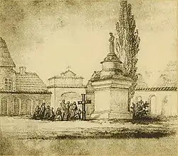 Двор католического Собор Вознесения Пресвятой Девы Марии в Пинске. Рисунок Е. А. Скирмунт.