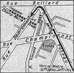 Схема столкновения 23 апреля 1925: стрелкой обозначено движение националистов, пунктиром&nbsp;— коммунистов