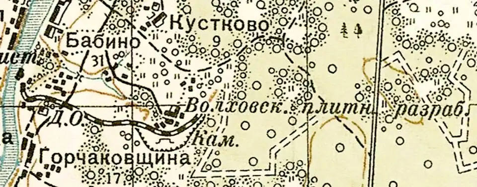 Волховские плитные разработки на топографической карте РККА 1941 года