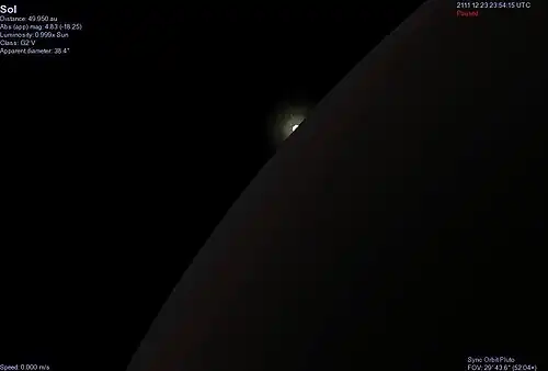 Солнце скрывается за поверхностью Харона во время полного солнечного затмения на Плутоне 23 декабря 2111 года (смоделировано в программе Celestia)