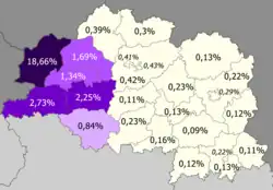 Доля поляков по районам&nbsp;>5% (18,66%)&nbsp;2–5%&nbsp;1–2%&nbsp;0,5–1%&nbsp;<0,5%