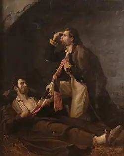 «Умирающий солдат [Семён Старичков], передающий сохраненное им знамя товарищу [рядовому Чайке]». Картина П. И. Бабаева, 1846. Рязанский областной художественный музей.