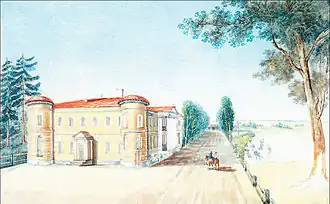 Акварельный вид усадьбы, написанный внуком К. Г. Разумовского. Обращает на себя внимание отсутствие партера