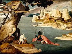 «Псевдо Вилленс де Кок». Святой Христофор, несущий младенца Христа через реку. Между 1495 и 1528. Дерево, масло. Частное собрание