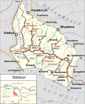 Положение Ретикона в Альпах