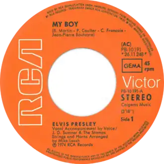 Обложка сингла Элвиса Пресли «My Boy» ()