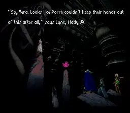 На заднем плане древние руины, плохо различимые во мраке; слева колонна, на которой стоит человек в белом. Перед ним находится ещё одна колонна, на которой лежит алый драгоценный камень. Справа — платформа, на ней стоят три главных героя: Магил в тёмно-синих одеждах, Серж в синей одежде и Кид в коричнево-зелёном. «Итак, Вера. Похоже, Порры всё же не могут держать свои руки подальше от этого», — говорит Линкс.