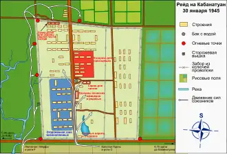 Overhead map of the layout of the prisoner camp. Arrows indicate the directions the American soldiers attacked the camp, and a legend at the right indicates the types of buildings located in the camp