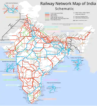 Сеть железных дорог в Индии и расстояние между основными станциями