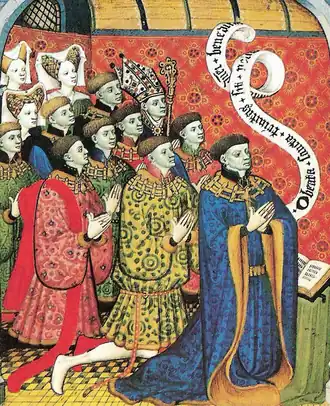 Ральф Невилл и его двенадцать детей. Миниатюра из книги «Livre d’heures de la famille Neville», художник — Мюнхенский мастер Золотой легенды