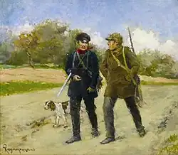 «Охотники»(1900-е годы), картон, масло — частное собрание.