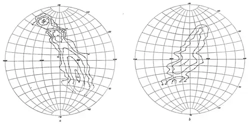 Радиокарта небосвода, полученная Гроутом Ребером в 1944 году. Отчётливо видны центральные области Млечного Пути и яркие радиоисточники Стрелец А, Лебедь А, Кассиопея A, Большого Пса и Кормы.
