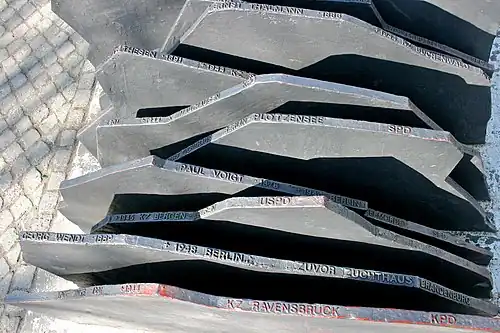 Имена на плитах части памятника: верхняя плита на фото - с именем Эрнста Тельмана, следующая - Матиаса Тезена;  нижняя - Шарлотты Цинке