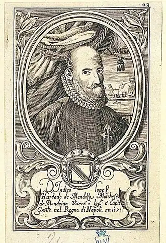 Иньиго Лопес Уртадо де Мендоса. Анонимная халкографическая гравюра, собранная Доменико Антонио Паррино, Неаполь, в Театре eroico, e politico de'Governi de'Vicere del Regno de Napoli , 1692-1695. Национальная библиотека Испании