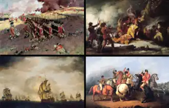 По часовой стрелке, с левого верхнего угла: битва при Банкер-Хилле, смерть Монтгомери при Квебеке, битва при Коупенсе, битва при лунном свете