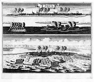 Вид и план осады Риги 14 июля 1710 года.  Иллюстрация «Книги Марсовой» А.-М. Малэ (2-е издание). Оттиск второй половины XVIII века.