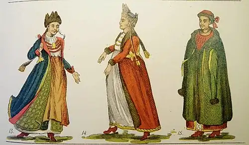 Пляшущие украинские шляхтянки и шляхтянка в зимней одежде. Источник тот же.