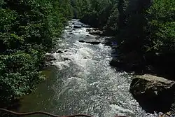 Вид вверх по течению с моста через верховье Супсы около Земо-Суреби летом 2018 года