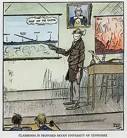 Карикатура Роллина Кирби на «Обезьяний процесс», подписанная: «Класс в предлагаемом Университете Брайана в Теннесси»