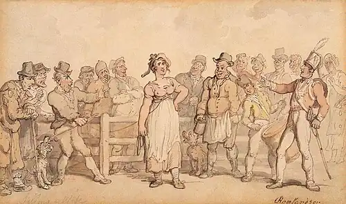 A colour illustration of a market scene. A woman is attached to one of 13&nbsp;men, who stand on either side of a wooden fence, looking at her with various expressions of glee on their faces. A drummer boy, in military costume, beats a large drum. Two dogs stand in the dirt. One of the men holds what appears to be a mug of ale. The woman stands proudly, one arm bent toward her waist, and has a smirk on her face. To the extreme right, in the back of the scene, another woman appears shocked by the drama before her.