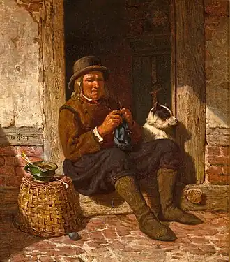 Старик с собакой, вяжущий чулок.