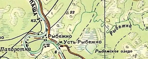 Деревня Усть-Рыбежно на карте 1940 года