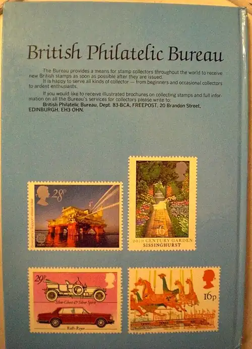 28 пенсов — нефтяное аварийное судно[англ.], из совместного выпуска «Европа» (Mi #955; Yt #1093; SG #1217); 16 пенсов — сад замка Сиссингхерст[англ.] (Mi #962; Yt #1100; SG #1223); 29 пенсов — автомобили Rolls-Royce Silver Ghost и Silver Spirit (Mi #932; Yt #1061; SG #1201); 16 пенсов — ярмарочная карусель (Mi #966; Yt #1104; SG #1227)