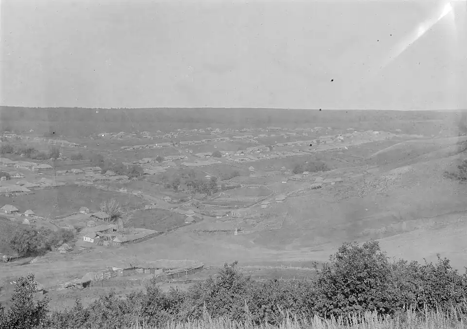 Деревня Середневка с вершины холма. Деревня видна слева (слева направо); расположена в долине; рядом с церковью жрица, кузница и детское училище. Место: Середневка (ныне Трифоновка).