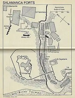 Map shows French forts in Salamanca that were forced to surrender in a siege that ended on 27 June 1812.