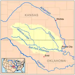 Бассейн Солт-Форк-Арканзаса (выделен жёлтым) на карте