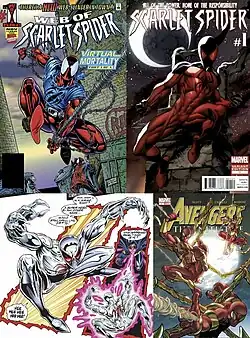 Версии Алого Паука в основной Вселенной Marvel.Слева направо, сверху вниз:
Бен Рейли как Алый Паук на обложке комикса Web of Scarlet Spider #1, художник — Стивен Батлер.
Кейн Паркер как Алый Паук на варианте обложки комикса Scarlet Spider vol. 2 #1, художник — Марк Багли.
Джо Уэйд как злой кибернетический Алый Паук, художник — Пэрис Карунос.
Красная команда Алых Пауков на обложке комикса Avengers: The Initiative #7, художник — Стефано Казелли.